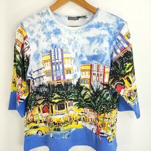 French Postcards Top Woman's 1X Pullover Multicolor Miami Night Life Beaded